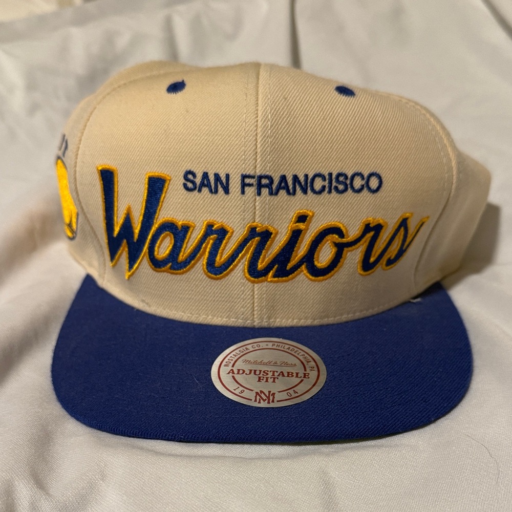 San Francisco Warriors Script Snapback Hat - Cream & Royal Blue